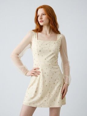 Sheer-Sleeve Mini Dress in Soft White with Gold Stars NWT size Lg